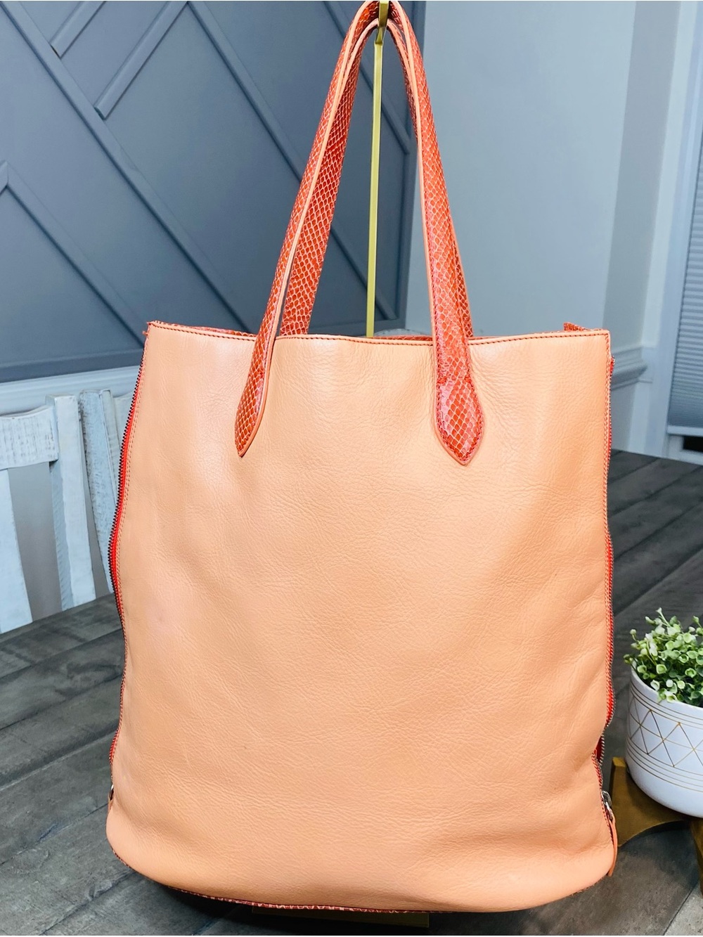 Gianfranco Listi Italy Expandable Pebble Leather Tote Bag Orange Python Trim